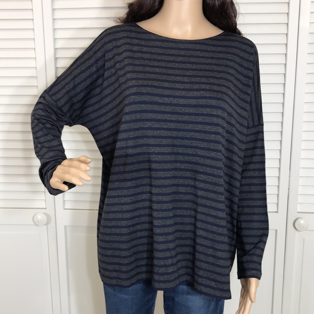 Hatch Midnight Blue and Charcoal Striped Long Sleeve Top